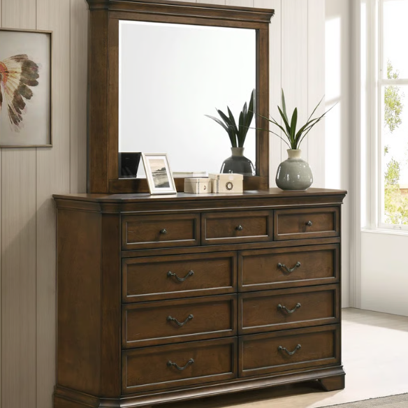 Traditional Wood Panel Bedroom Set with Dresser, Mirror, Nightstand, and Chest in Antique Walnut Finish