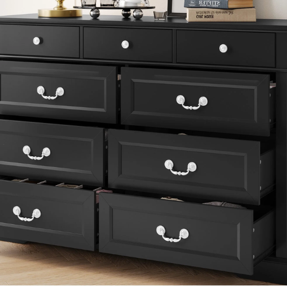 Rustic Modern 9-Drawer 53.5'' Double Dresser with Inset Paneling, Crown Molding, and Customizable Metal Handles