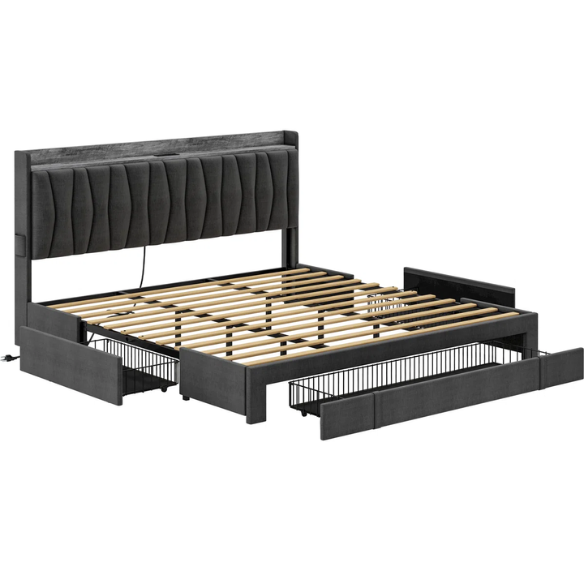 Modern Upholstered King Size Bed Frame with 3 Storage Drawers, Soft Foam Headboard, and Built-in Charging Station