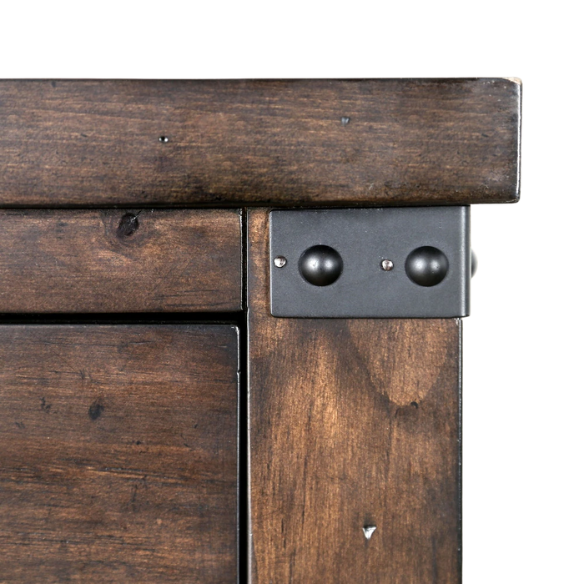 Rustic Dark Walnut 2-Piece King Size Panel Bed and Nightstand Set with X-Shape Accents and Metal Corners