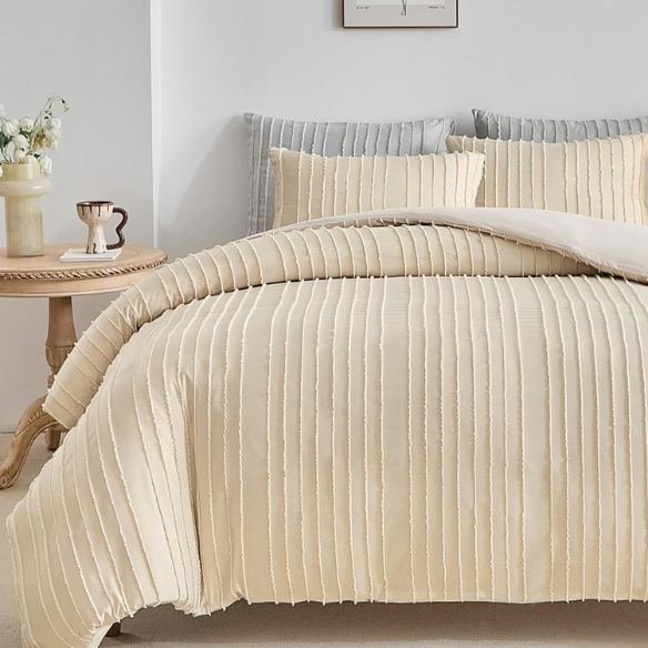 Luxurious Tufted Duvet Cover Set – Queen Size | Striped Textured Boho Bedding | Ultra-Soft Washed Microfiber | 3-Piece Set