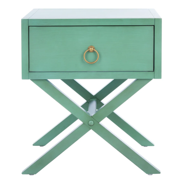 1-Drawer Nightstand – Classic Campaign Style with Contemporary Chic, Acacia Wood Frame, Cross-Base Design, Bold Finish, Gold Drawer Pull, Perfect for Modern Bedrooms