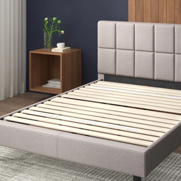 Modern King Size Upholstered Low Profile Platform Bed – Square-Tufted Headboard, Durable Steel Frame