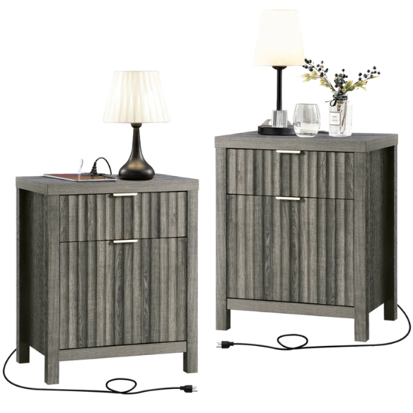 2-Drawer Nightstand with Built-In Outlets – Fluted Panels, Wood Grain Finish, Modern Design, Charging Station with 2 AC Outlets, USB & USB-C Ports, 4.9-Foot Power Cord, Set of 2