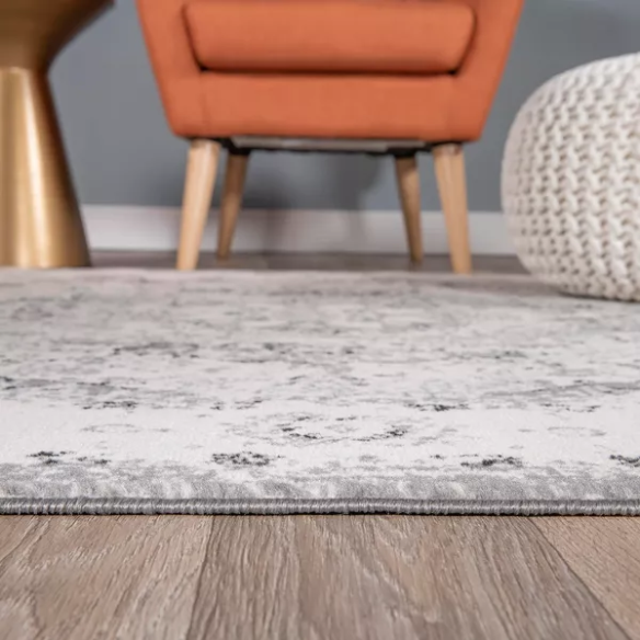 Distressed Oriental-Inspired Indoor Rug – Gray, Silver & Ivory Medallion Pattern, Stain-Resistant, Fade-Resistant, Perfect for Traditional & French Country Décor