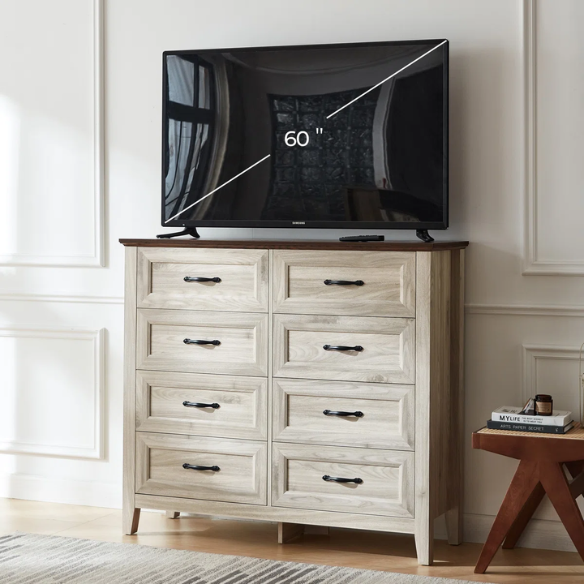 French Country-Inspired 8-Drawer 47.3" Double Dresser with Rustic Finish, Crown Molding, and Tapered Legs