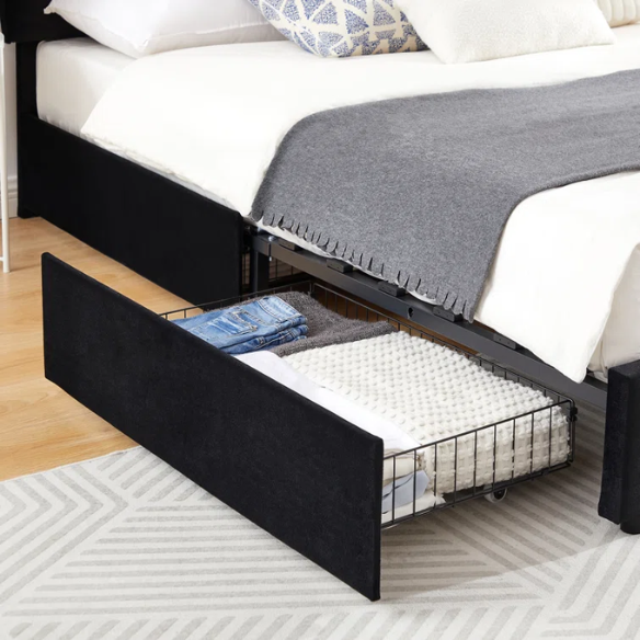Velvet Upholstered Queen Size Platform Bed with Adjustable Headboard and 4 Storage Drawers