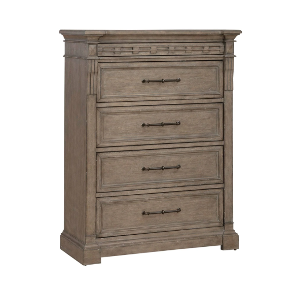 Timeless Elegance Barrigan 6-Piece King Panel Bed, Dresser, Mirror, Chest & Nightstand Set – Dusty Taupe Finish, Burnished Brass Accents, Full Extension Drawers, Cedar & Felt-Lined Drawers, Decorative Fretwork, and Built-in Charging Station