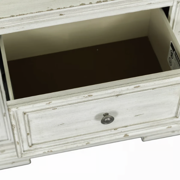 4-Piece Panel Bed, Dresser, Mirror & Nightstand Set with Antique Pewter Accents and Charging Station – Distressed Whitestone Finish, Rubberwood Solids, and Architectural Det