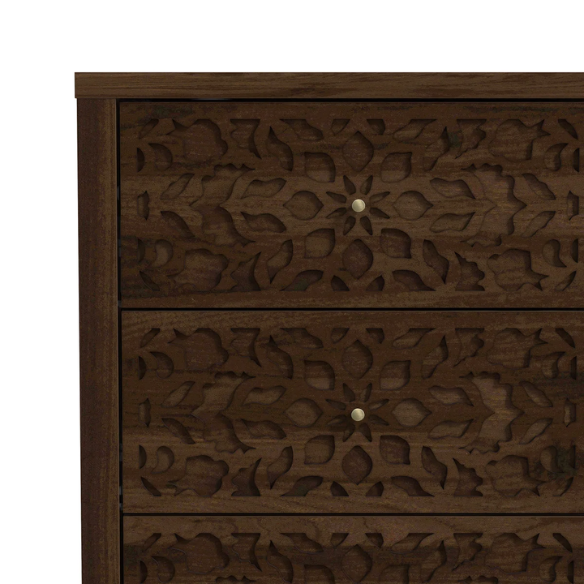 Boho-Inspired 45.4" 6-Drawer Dresser with Distressed Finish and Openwork Floral Details