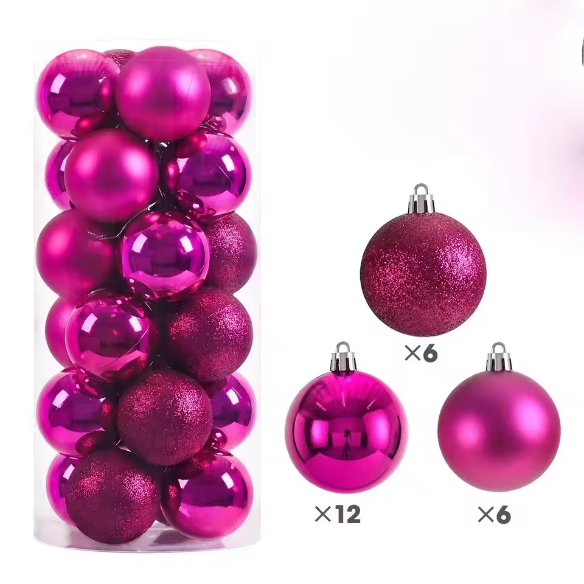 Fuchsia Pink Christmas Ball Ornaments – 24-Piece Set, Shatterproof Holiday Decorations (Available in 3 cm, 4 cm, and 6 cm)