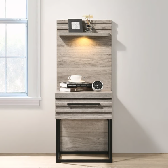 Upholstered 5-Piece Bedroom Set with Weathered Gray Finish, LED Piers, and Functional Storage