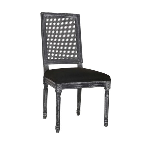 French Country Wood and Cane Upholstered Dining Chairs – Weathered Rubberwood Frame with Fluted Legs & Rectangular Cane Backrest