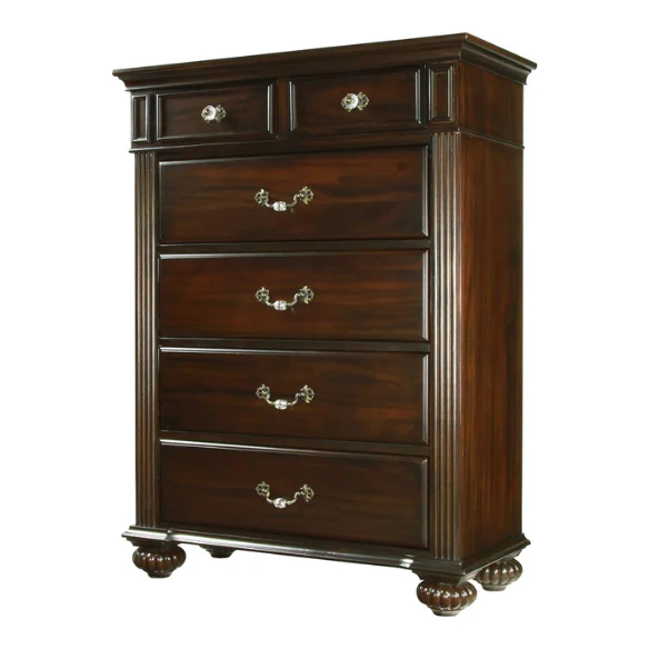 Elegant Traditional 4-Piece Walnut Wood Poster Bedroom Set with Floral Carved Headboard and Fluted Detailing