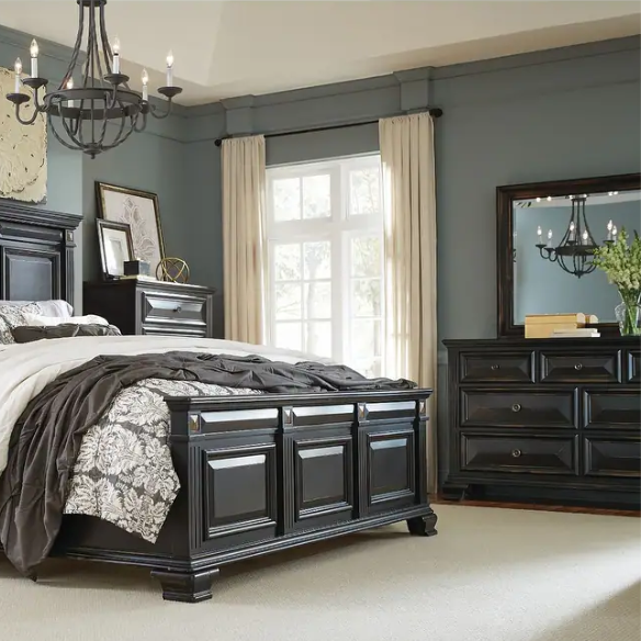 Timeless Vintage Black Wood 6-Piece Traditional Bedroom Set with Double-Panel Bed, Silvertone Accents, and Fluted Pilasters