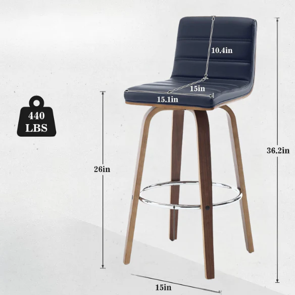 Mid-Century Modern Faux Leather Swivel Counter/Bar Stools – 360° Swivel, Padded PU Leather Seat & Back, Durable Bentwood Legs, Metal Footrest, Supports Up to 440lbs for Home Bar or Kitchen