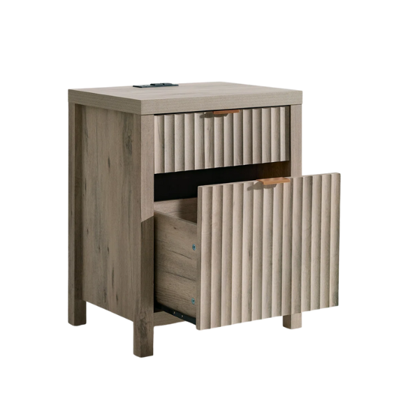 2-Drawer Nightstand with Built-In Outlets – Fluted Panels, Wood Grain Finish, Modern Design, Charging Station with 2 AC Outlets, USB & USB-C Ports, 4.9-Foot Power Cord, Set of 2