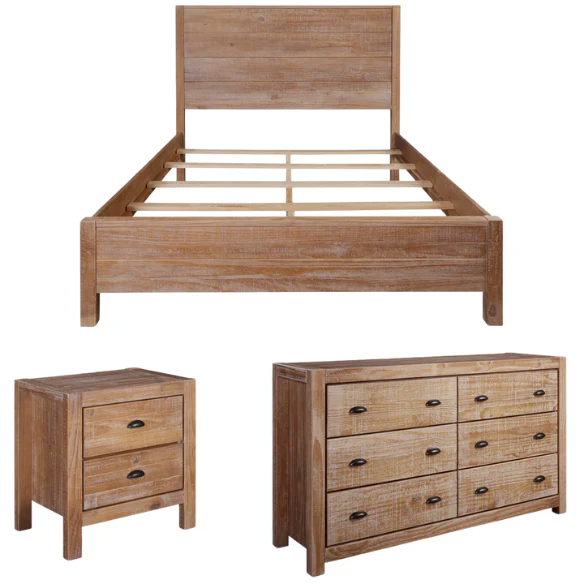 Rustic Farmhouse 4-Piece King Bedroom Set – Solid Pine Wood Bed, Dresser, Chest & Nightstand