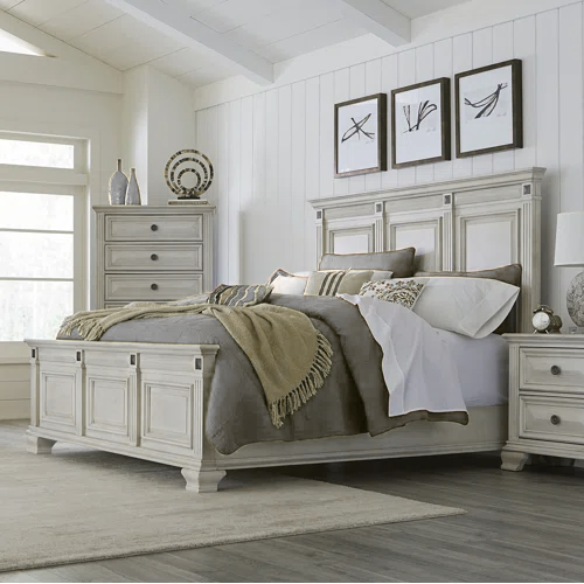 Solid Wood Panel 3-Piece Bedroom Set – Renova Distressed Parchment Wood Panel Bed with Vintage Black Finish, Muted Silver Accents, Fluted Pilasters, and French Bracket Foot Bases – Timeless Traditional Style with Raised Beveled Drawer Fronts