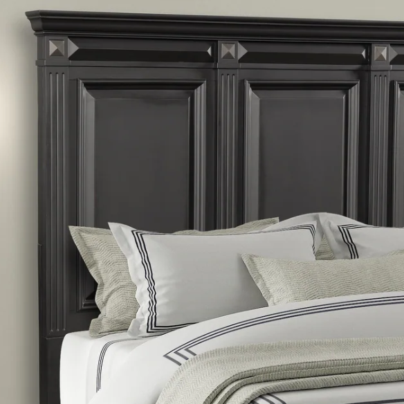4-Piece Vintage Black Wood Panel Bedroom Set with Distressed Parchment Finish – Traditional Elegance with Silver Accents, Beveled Drawer Fronts, and Brass Rosette Knob Hardware