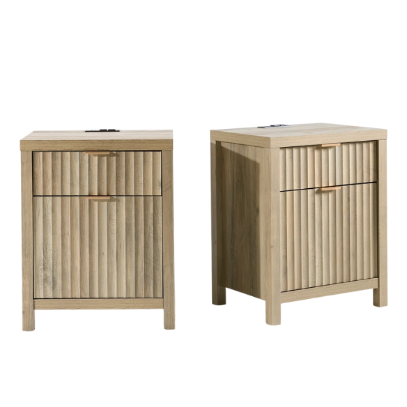 2-Drawer Nightstand with Built-In Outlets – Fluted Panels, Wood Grain Finish, Modern Design, Charging Station with 2 AC Outlets, USB & USB-C Ports, 4.9-Foot Power Cord, Set of 2
