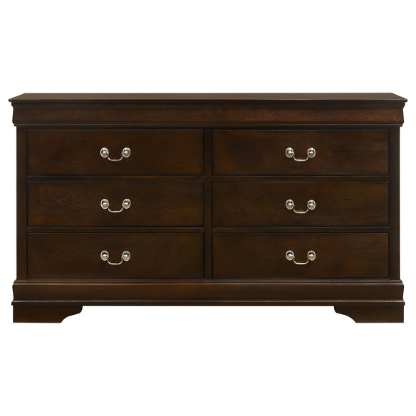 5-Piece Bedroom Set – Traditional Style with Flared Headboard, Dovetail Construction, Silver Bail Handles, and Spacious Storage – Crafted from Select Hardwoods and Veneers in a Warm Cappuccino Finish – Includes Bed, Nightstand, Dresser, Chest, and Mirror