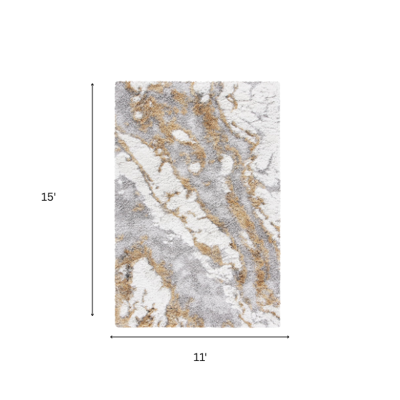 Plush Abstract Gold & Grey Pattern Shag Rug