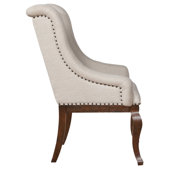 Beige Button Tufted Upholstered Arm Chairs with Dark Brown Wooden Legs (Set of 2) – Elegant Accent Dining or Lounge Seating