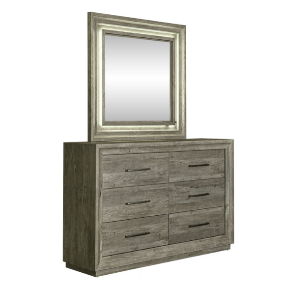 Contemporary Queen Bedroom Set with Brushed Nickel Storage Bed, LED-Illuminated Headboard, Dresser, Mirror, and Nightstand with Charging Station