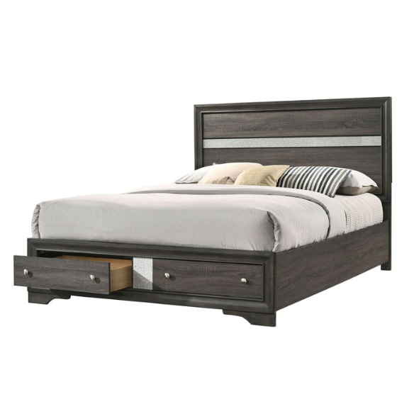 Modern Style 2-Piece Grey Storage Platform Bedroom Set with Panel Bed, Nightstand, and Sleek Silver Accents
