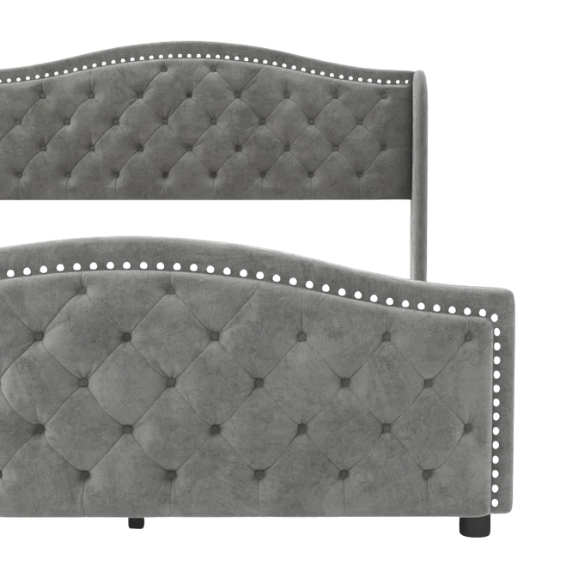 Luxurious King Size Velvet Upholstered Platform Bed with Tufted Camelback Headboard, Nailhead Trim, and 4 Built-In Storage Drawers – Stylish and Functional Bedroom Upgrade