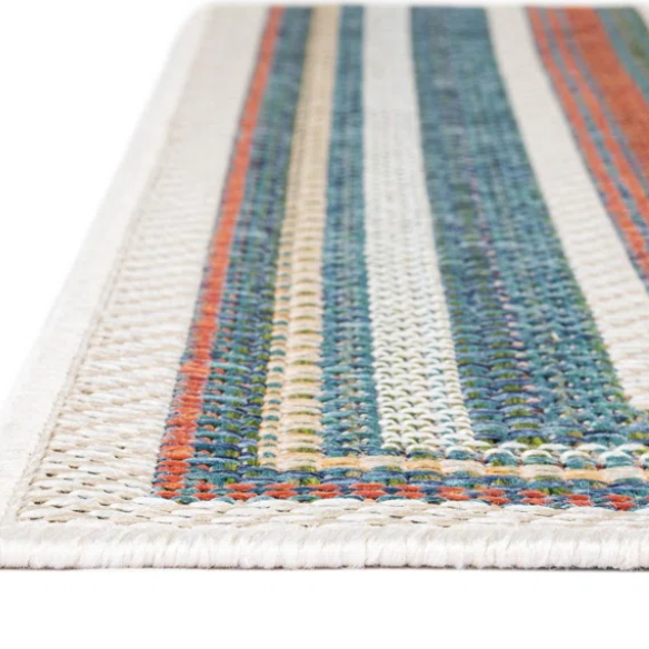 Coastal-Inspired Geometric Rug – Fade & Stain-Resistant, Green & Orange Pattern, Ideal for Indoor/Outdoor Use