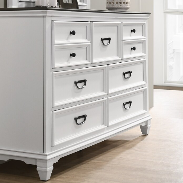 Modern Farmhouse 5-Piece Wood Bedroom Set with Shiplap Detailing, Weathered White Finish, and Black Finished Hardware