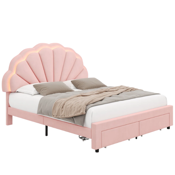 Floral-Inspired Queen Size Upholstered LED Bed Frame with Luxury Velvet, Drawer, and Adjustable Headboard