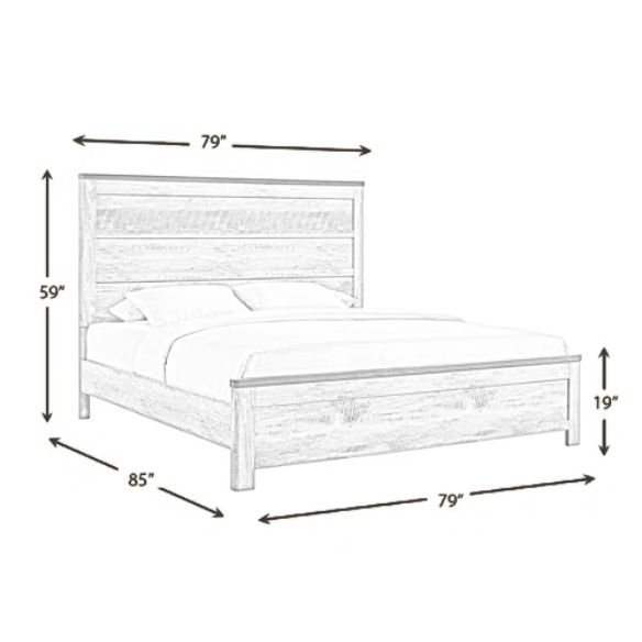 Coastal Farmhouse-Inspired King Size Bedroom Set: Distressed Whitewash Finish with Natural Brown Accents – Includes Platform Bed, 2-Drawer Nightstand, 7-Drawer Dresser with Mirror, and Optional 5-Drawer Chest for Complete Storage Solution