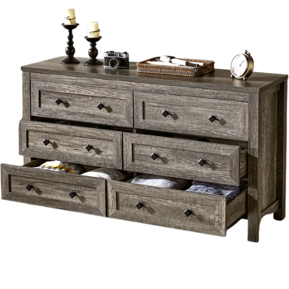 6-Drawer Dresser – A Perfect Blend of Rustic Charm and Industrial Elegance, Featuring a Clean-Lined Silhouette and Weathered Finish. Crafted from Solid and Engineered Wood