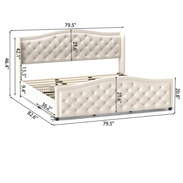 Luxurious King Size Velvet Upholstered Platform Bed with Tufted Camelback Headboard, Nailhead Trim, and 4 Built-In Storage Drawers – Stylish and Functional Bedroom Upgrade