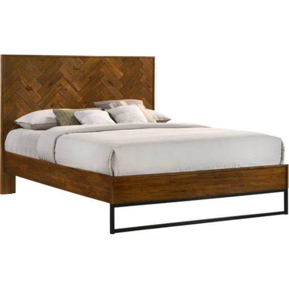 Industrial Mid-Century Modern Platform Bedroom Set with Herringbone Design Headboard – Stylish and Versatile