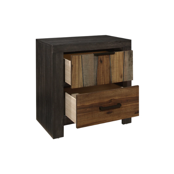 3-Piece Dark Ebony and Rustic Mahogany Modern Panel Bedroom Set – Embossed Faux-Wood Veneer, Rich Acacia Tones, and Dark Metal Hardware