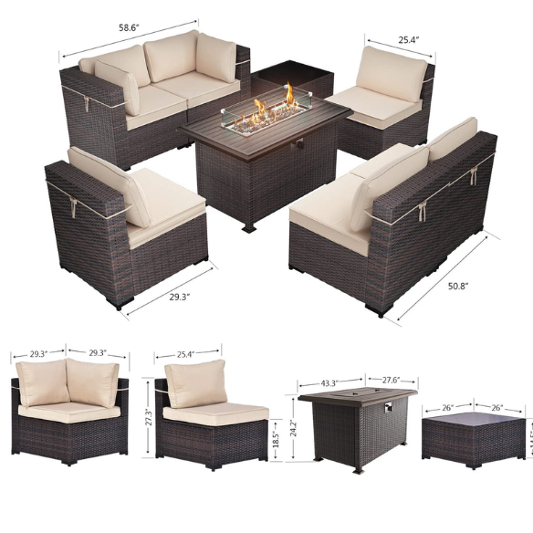 8-Piece Patio Furniture Set with 40" Fire Pit Table | Outdoor Wicker Sectional Sofa Set with Coffee Table | Perfect for Garden Gatherings