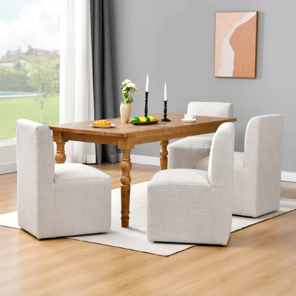 Neutral Beige Linen Upholstered Rolling Dining Chair with Casters – Comfortable Accent Seating