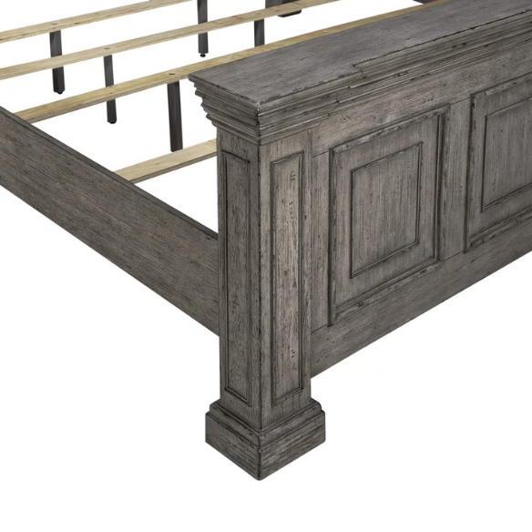 4-Piece Panel Bed, Dresser, Mirror & Nightstand Set with Antique Pewter Accents and Charging Station – Distressed Whitestone Finish, Rubberwood Solids, and Architectural Det