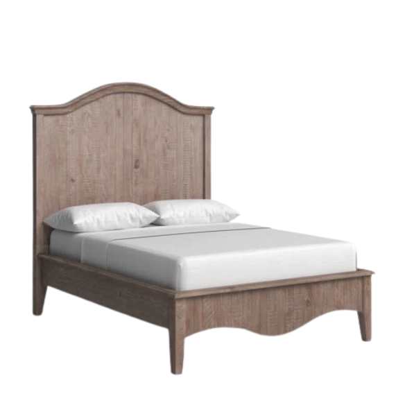 Rustic Charm Meets Chic Elegance: Solid Wood Platform King Size Bedroom Set with Scalloped Edges, Weathered White Wash Finish, Unique Grain Patterns, Angled Feet, and Oil-Rubbed Bronze Drawer Pulls