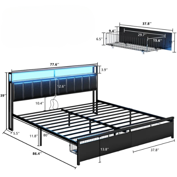 Modern LED King Size Bed Frame with Storage Drawers and Built-in Charging Station