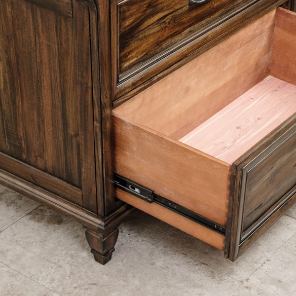Exquisite Old-World Charm with Glamorous Flair – 5-Piece King Bedroom Set in Rich Brown with Crown Molding, Felt-Lined Drawers, and Built-In Outlets