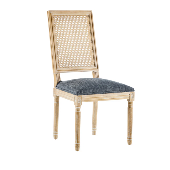 French Country Wood and Cane Upholstered Dining Chairs – Weathered Rubberwood Frame with Fluted Legs & Rectangular Cane Backrest