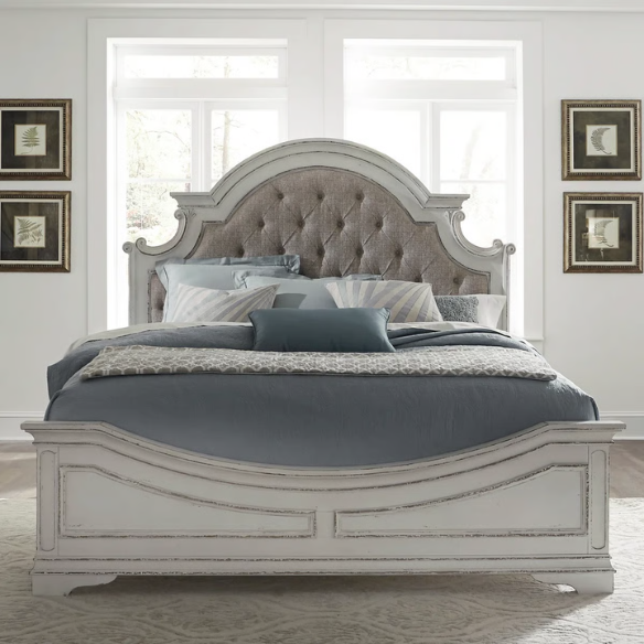 Upholstered Bed, Dresser, Mirror, and Nightstand Set in Antique White – Timeless Elegance, Refined Craftsmanship, and Distinctive Style