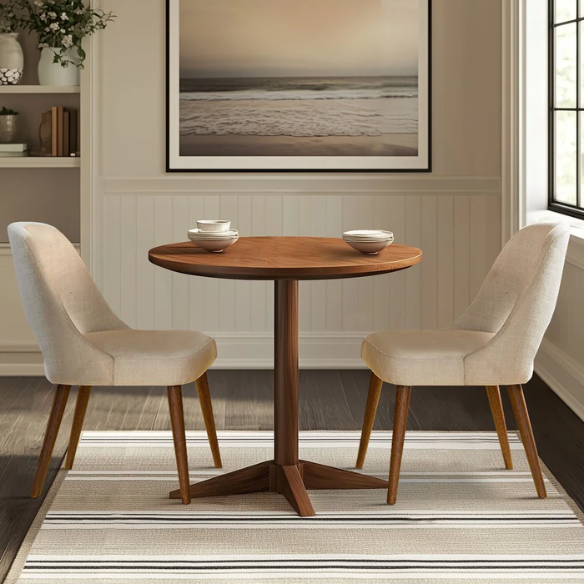 Textured Fabric Dining Side Chairs (Set of 2) – Solid Wood Frame with Mediterranean or Pecan Finish, High-Density Foam Fill & Rounded Back Design