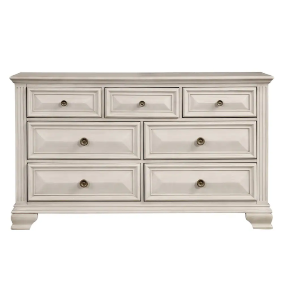 Distressed Parchment Wood Bedroom Set with Panel Bed, Dresser, Mirror, and Nightstand, Featuring Silver Accents and Fluted Pilasters