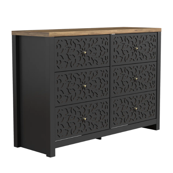 Boho-Inspired 45.4" 6-Drawer Dresser with Distressed Finish and Openwork Floral Details